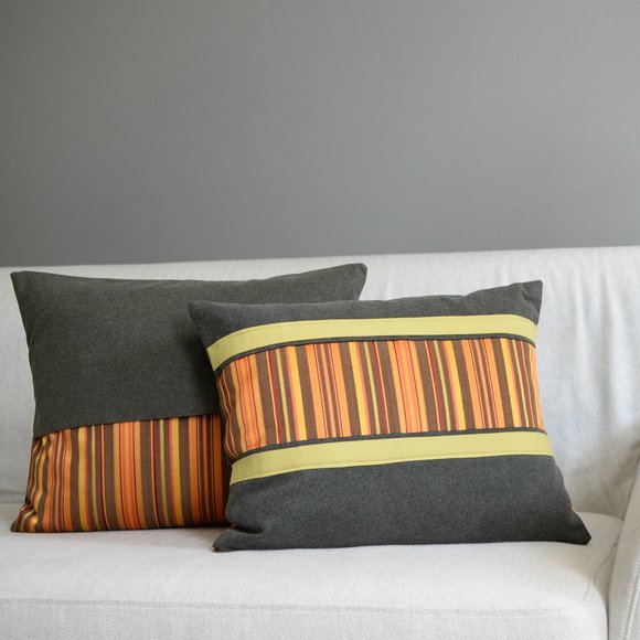 Stripped Orange & Gray, Handmade Decorative Pillow Cover, 14X18 - Picture 1 of 6